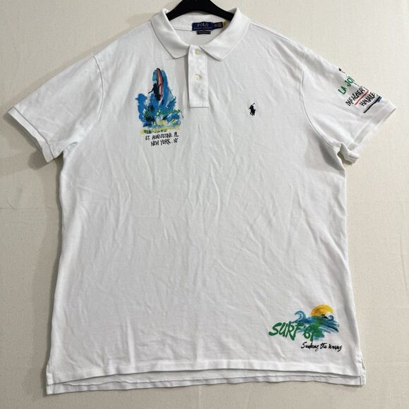 Polo Ralph Lauren Men VTG Surf Slater Surfer Mesh Graphic Polo Shirt 2XL Slim